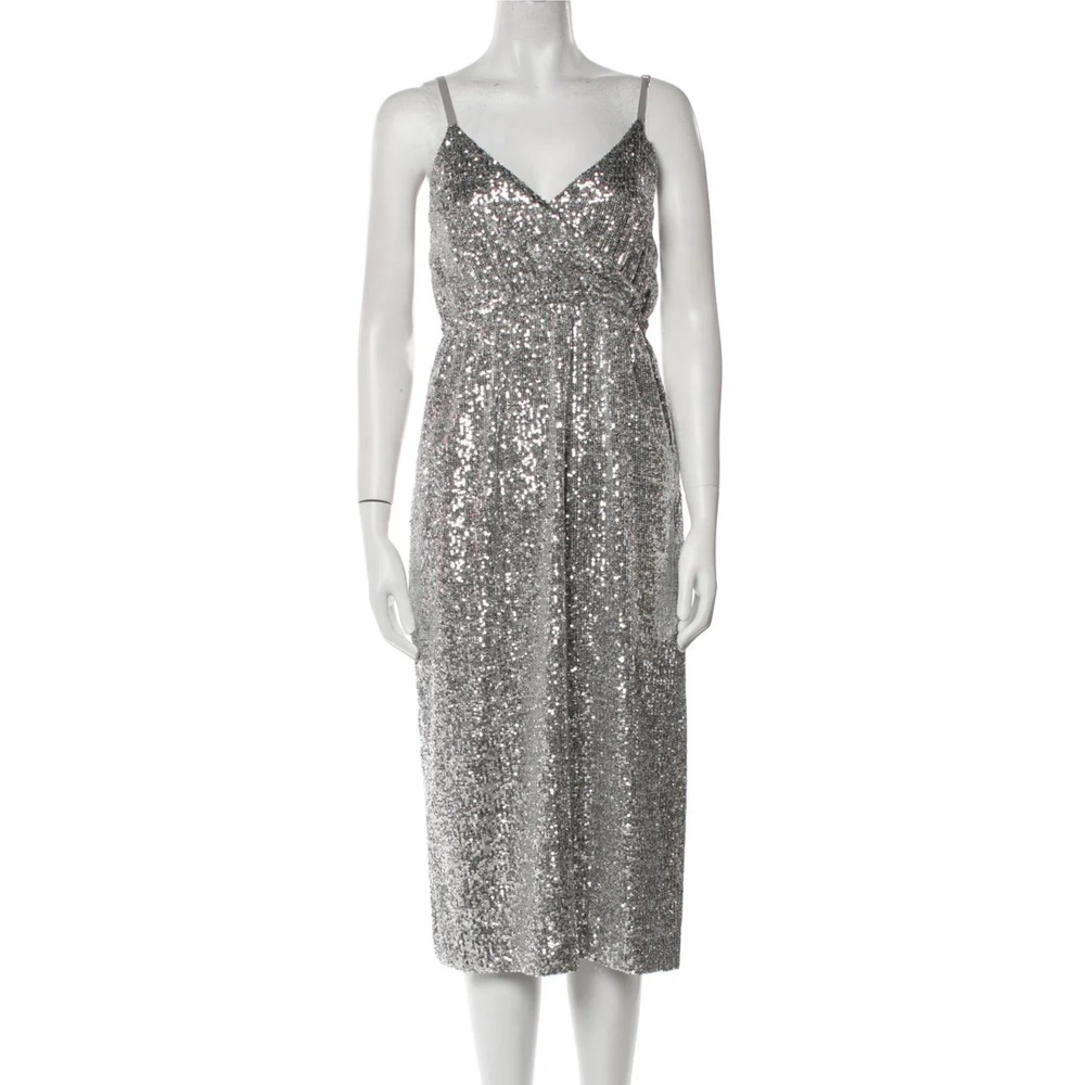 Emerson‎ Fry Slip Dress Sequins Midi V Neck Party Holiday Women Large Silver NEW